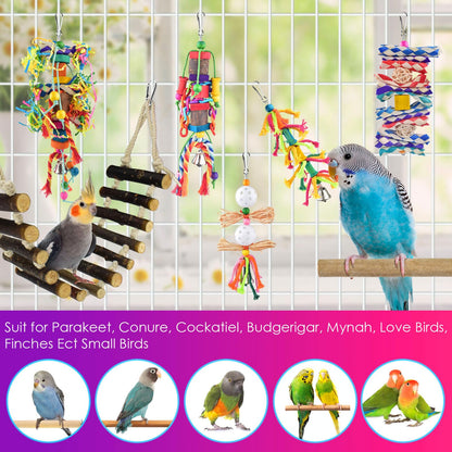 KATUMO Bird Toy Set, 7 PCS Small Bird Toys for Parrot, Including Wooden Ladder, Chewing Toys, Perch - Pet Activity Structure for Indoor, Outdoor, Climbing, Entertainment