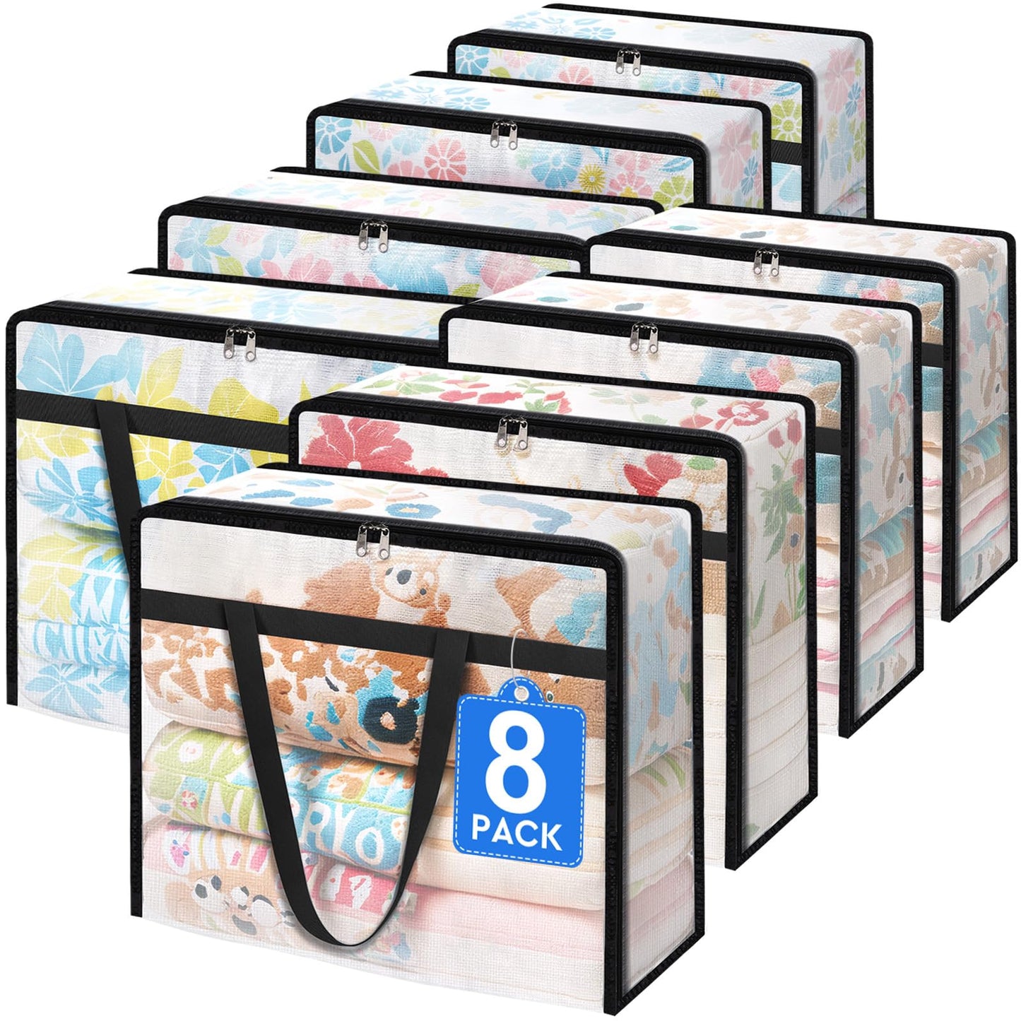 TasticTotes 8 Pack Clear Storage Bags for Comforter, Clothes & Bedding, Plastic Blanket Storage with Zipper and Handle, Moving Bags, Closet Organizer and Under-Bed Storage (90L)