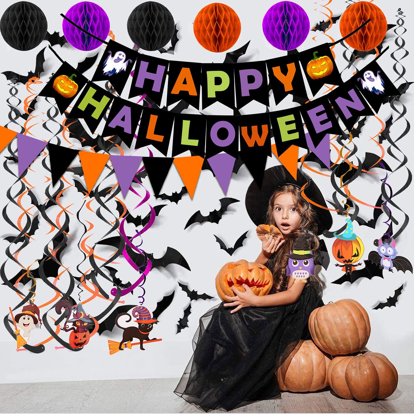 Happy Halloween Banner Paper Triangle Flag Bunting Circle Confetti Dots Hanging Garland Honeycomb Ball Swirl Streamers for Halloween Party Decorations