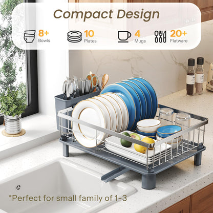SNTD Dish Drying Rack - Small Dish Rack for Kitchen Counter, Stainless Steel Dish Drainer with Utensil Holder and Drainboard, 11" W x 15" L (Silver)