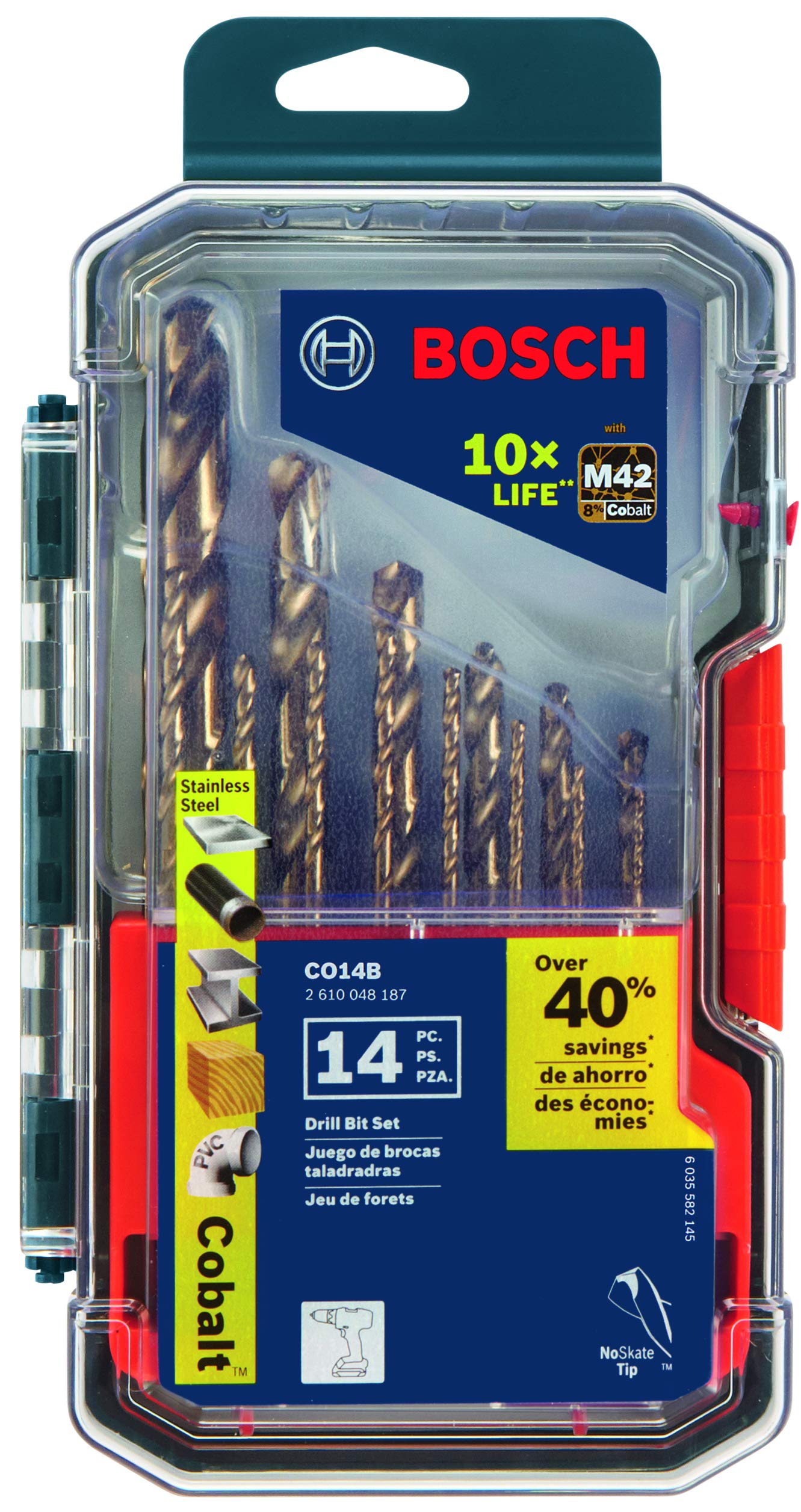 BOSCH CO14B 14-Piece Assorted Set with Included Case - Cobalt M42 Metal Drill Bits with Three-Flat Shank for Drilling Applications in Stainless Steel, Cast Iron, Titanium, and Light-Gauge Metal