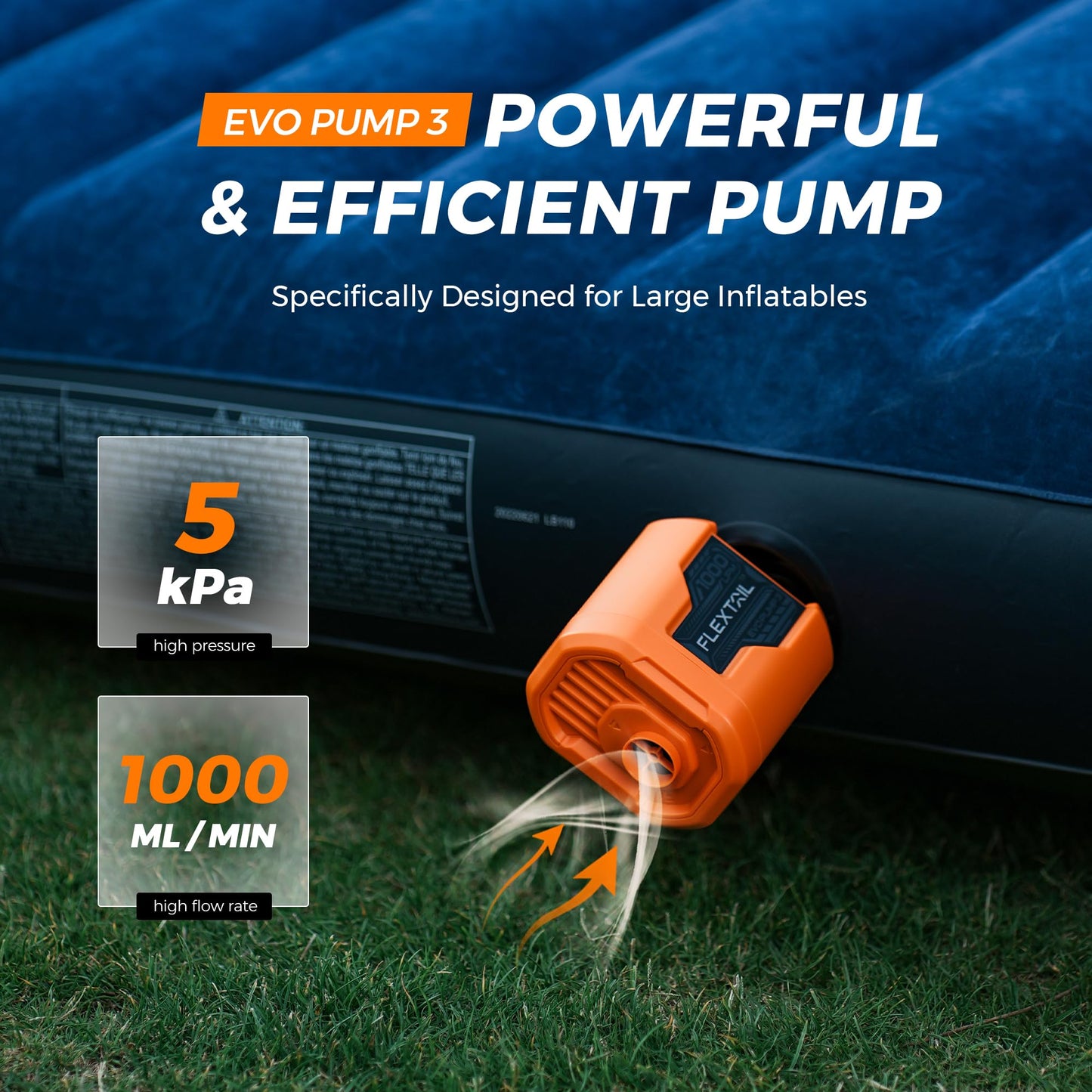 FLEXTAILGEAR 5kPa Electric Air Pump, Portable Camping Air Pump, Ultralight Paddleboard Pump with 1300mAh Rechargeable Battery, 1000L/min Airflow for Kayaking Air Beds Sleeping Pads Pool Floats