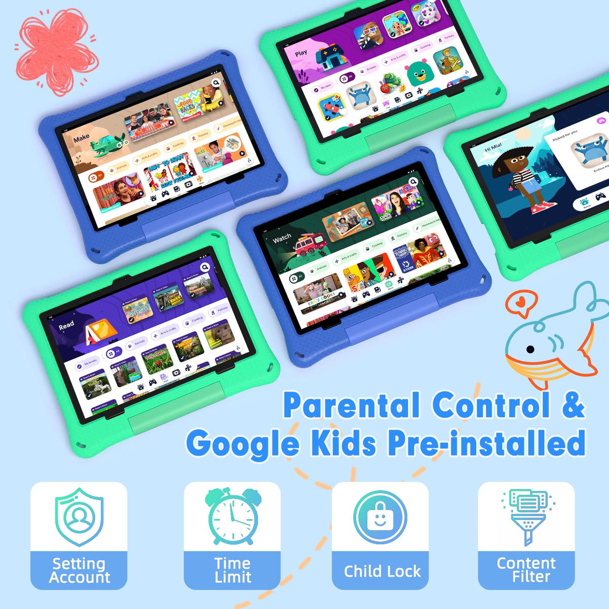 Kids Tablet, 10.1 Inch Android 15 Tablet for Kids, 12GB+64GB, Octa-Core, 6000mAh Battery, WiFi 6, Pre-Installed Kids Apps, Parental Control, with EVA Protective Case – Ideal Gift for Toddler (Blue)