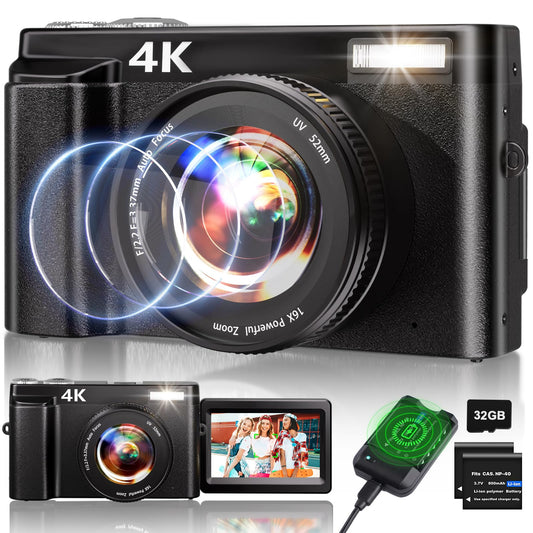 4K Digital Camera for Photography, 48MP Auto-Focus Vlogging Camera for YouTube, 16X Digital Zoom/ 3" 180° Flip Screen/Anti Shake/Flash with SD Card, Compact HD Camera (2 Batteries & Battery Charger)