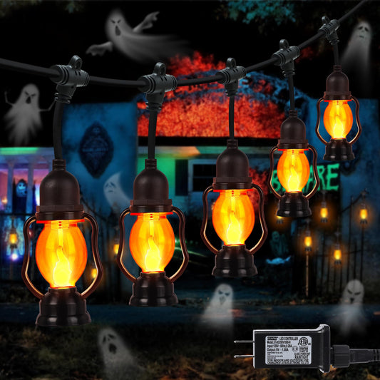 Halloween Flame String Lights Indoor Outdoor, 21FT Orange Halloween Lights with 10 Flickering Flame Bulb, Timer, Waterproof LED Outdoor Decorative Lights for Patio, Yard, Porch, Garden Decor