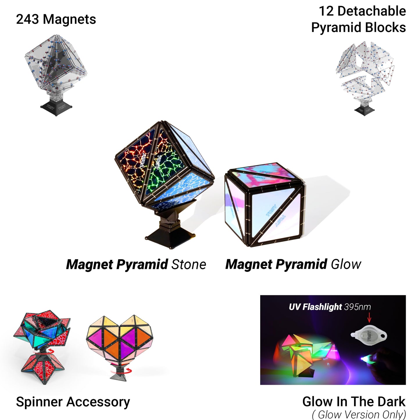 TOSY Magnet Pyramid Glow - 1 Cube Transforms into 1 Billion Shapes, 15 pcs (12 Puzzle pcs & 3 Accessories), 243 Magnets, Glowing, Christmas Stocking Stuffers Gift for Kids, Creative Puzzle STEM Toy