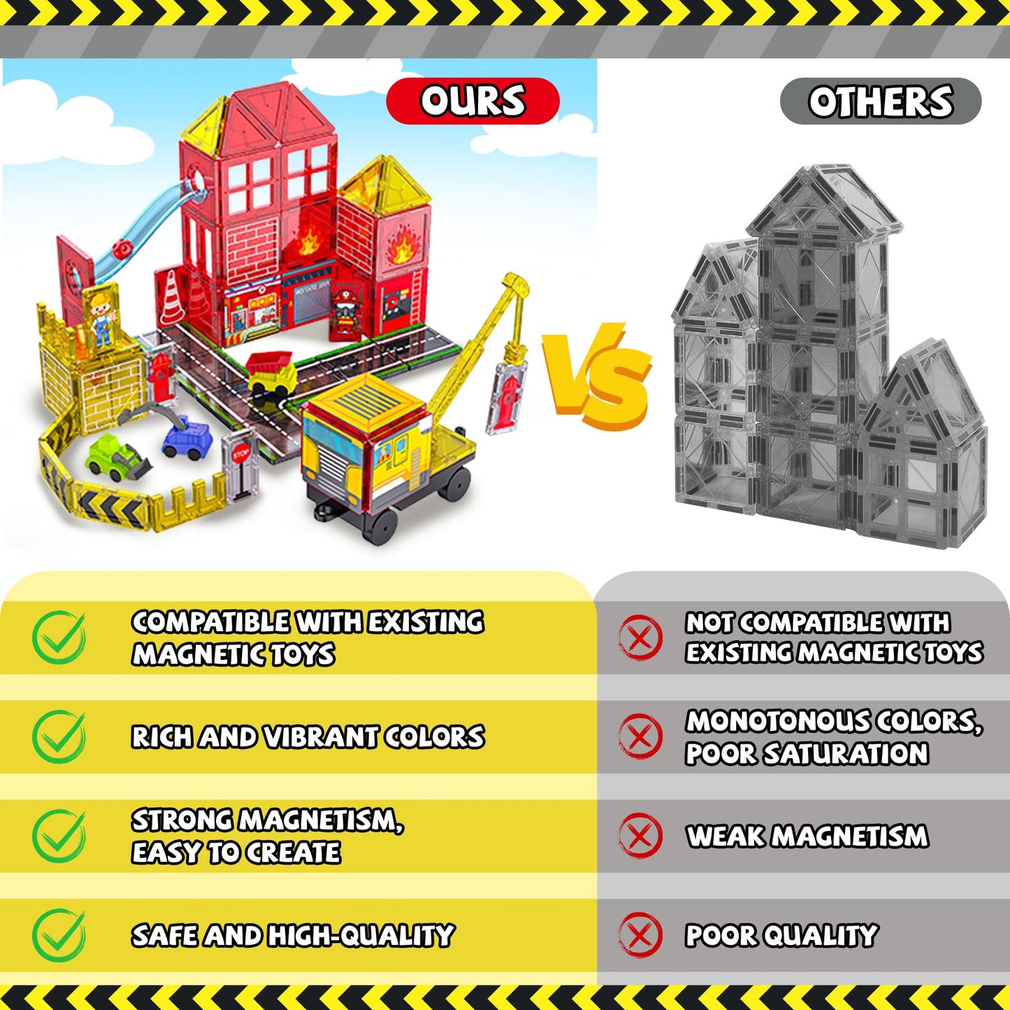 Magnetic Tiles for Kid, Construction Magnet Tiles with Fire Truck & Station, Building, Road, Crane, and Car Toys - Educational Travel Magnetic Tiles for Kids Ages 4-8, STEM Toys for 3+ Year Old