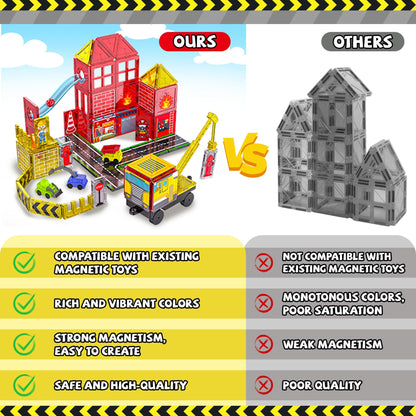 Magnetic Tiles for Kid, Construction Magnet Tiles with Fire Truck & Station, Building, Road, Crane, and Car Toys - Educational Travel Magnetic Tiles for Kids Ages 4-8, STEM Toys for 3+ Year Old