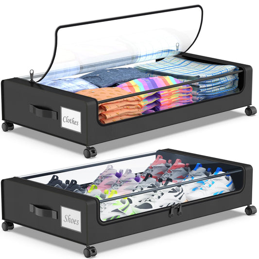 Beborxue Under Bed Storage with Wheels, 2-Pack Under Bed Storage Containers with Clear Lids, XXL 60L Under Bed Shoe Storage Organizer, Rolling Underbed Storage for Clothes, Shoes, Blankets (Black)