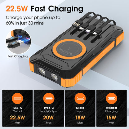 Solar Power Bank,49800mAh Wireless Portable Phone Charger with Built-in 4 Cables,22.5W Fast Charging External Battery Pack PD 3.0 USB-C In/Output for iPhone,iPad,Android,Perfect for Camping, Hiking