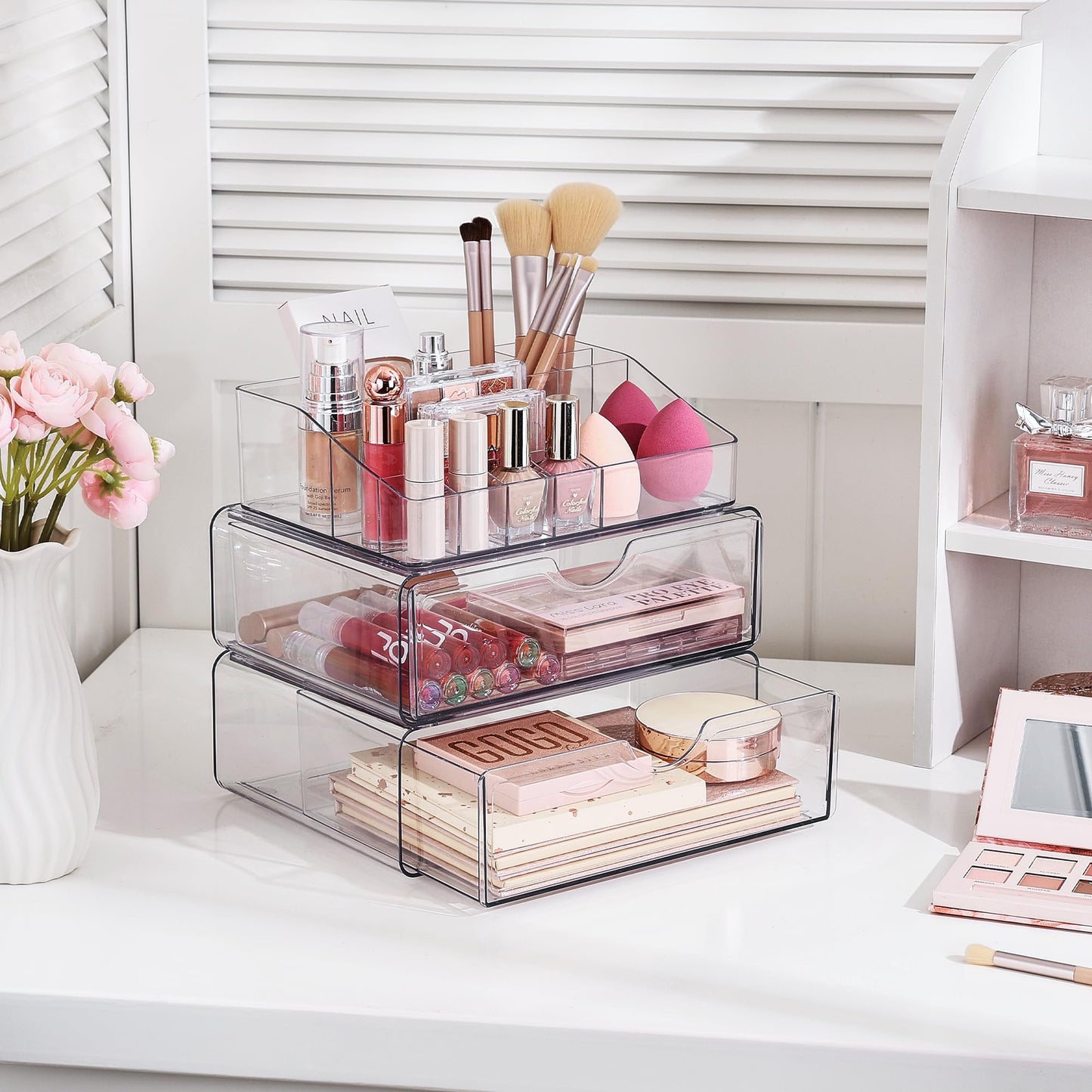 Vtopmart 3 Tier Clear Makeup Organizer with Drawer, Cosmetic Storage for Dresser Countertop and Bathroom Vanity, Beauty Holder for Lipstick Brush Skincare