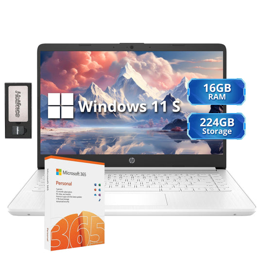HP Stream 14" HD Lightweight Laptop, Intel Celeron N4120, 16GB RAM, 224GB Storage(64GB eMMC + 160GB Docking Station), Intel UHD Graphics, HD Webcam, 1 Year Office 365, WiFi, Bluetooth, Win 11s, White
