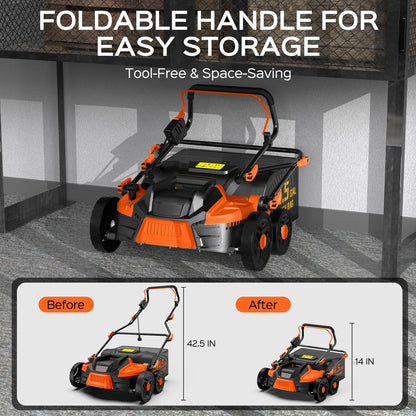 TIECTOWN 16-Inch 15.5 Amp 2-in-1 Electric Dethatcher and Scarifier with 14.5-Gallon Removable Thatch Collection Bag, Lawn Dethatcher with 5-Position Adjustment, Quick-Fold, Keeps Lawn Healthy - Orange