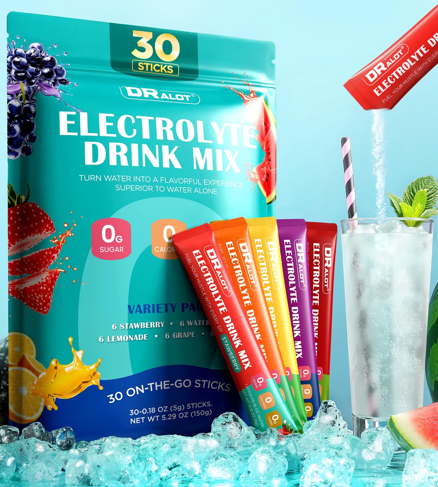 Dralot Juicy Splash 30 Packs Sugar Free Electrolytes Powder w/Natural Flavor, Liquid Daily IV Recharge+Tech. Mix 5 Electrolyte for Balance, Raw Seasalt Hydration Packets for GF, Vegan, Non-GMO, Keto