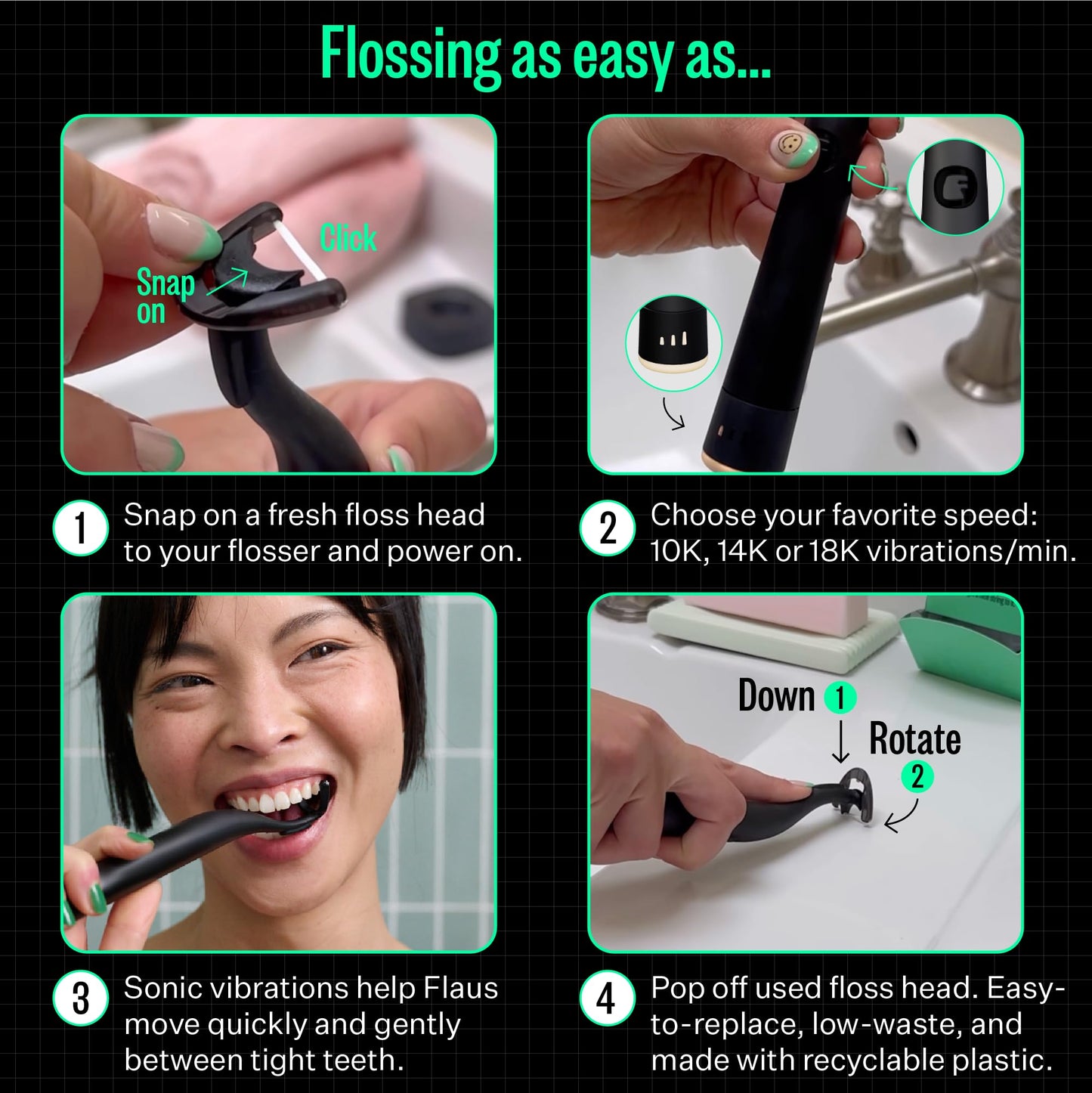 FLAUS Electric Flosser (Oprah's List, Shark Tank) 3 Speeds + 45 Refill Heads (Gentle Gliding Floss for Sensitive Gums) Water Flosser Alternative, Dentist Recommended Tooth Flossers Dental Floss Picks