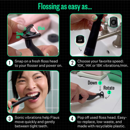 FLAUS Electric Flosser (Oprah's List, Shark Tank) 3 Speeds + 45 Refill Heads (Gentle Gliding Floss for Sensitive Gums) Water Flosser Alternative, Dentist Recommended Tooth Flossers Dental Floss Picks