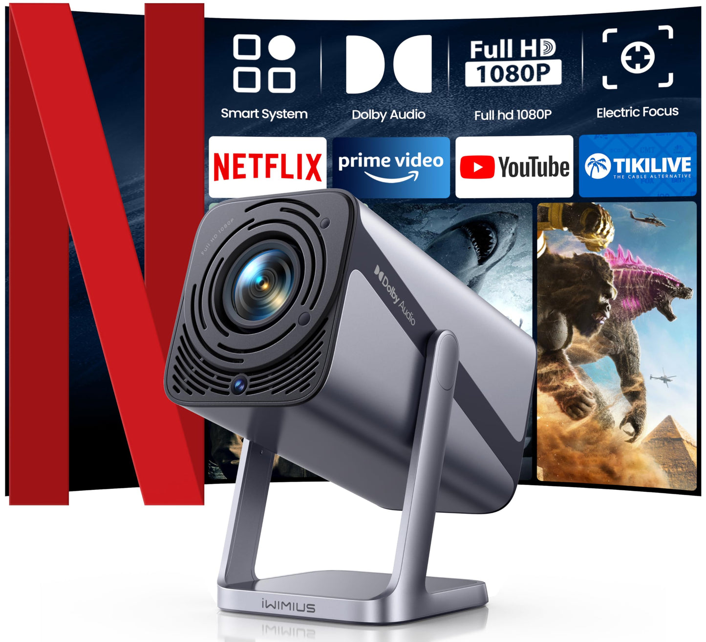 Netflix-Licensed/ Dolby Audio/- Smart 4K Projector with WiFi 6 and 2-Way Bluetooth, Electric Focus & Auto Keystone, 360°Adjustable Stand, iWIMIUS 1080P Mini Portable Outdoor Proyector w/ HDMI ARC