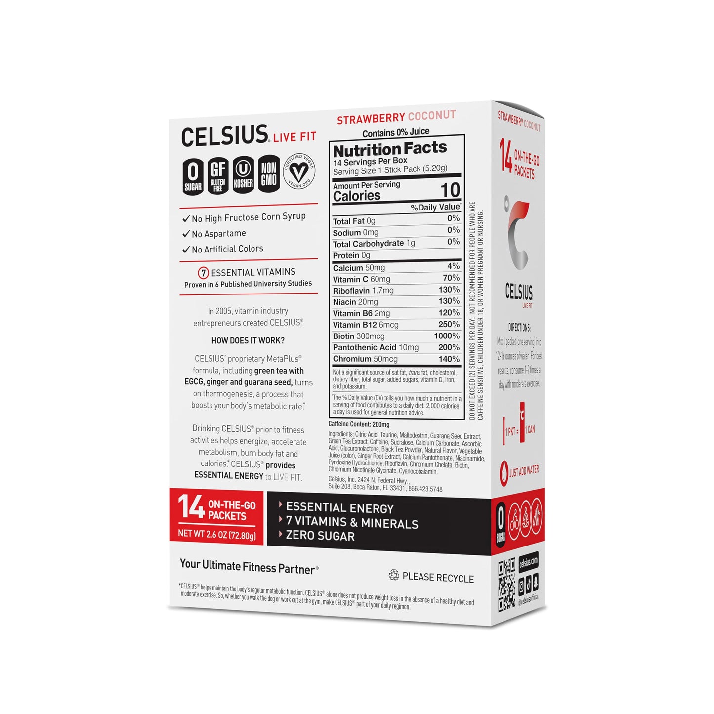 CELSIUS On The Go Strawberry Coconut, Sugar Free Energy Drink Mix (14 Sticks per Pack)