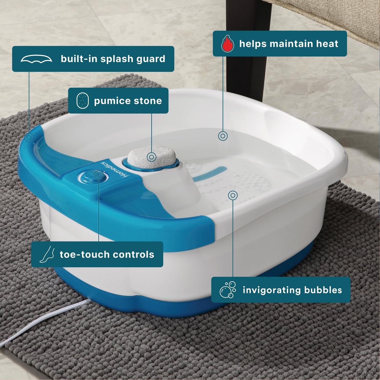 Homedics Bubble Mate Foot Spa, Toe Touch Controlled Foot Bath with Invigorating Bubbles and Splash Proof, Raised Massage Nodes and Removable Pumice Stone
