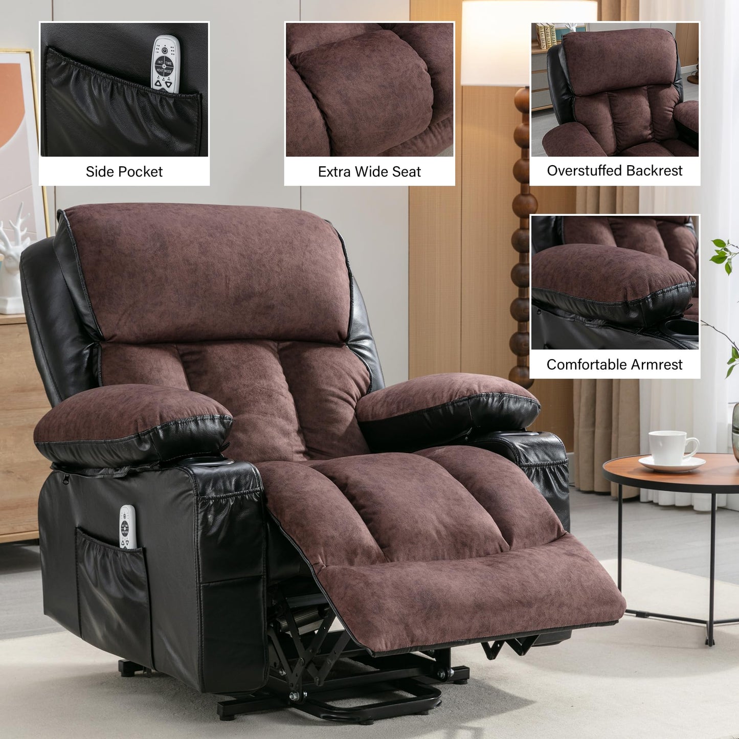 FLEXISPOT XL23 Power Lift Recliner Chair with Massage & Heat for Elderly, Large Electric Lift Chair with USB Port, Cup Holders, Living Room Bedroom Single Sofa(Large Size, Black and Brown)