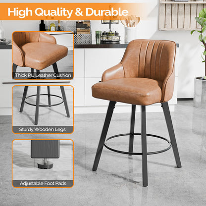 VINGLI 26" H Swivel Barstools Set of 4, PU Leather Upholstered Counter Stool with Back, Kitchen High Chairs Counter Height Bar stools with Cushion, Solid Wood Legs, Brown