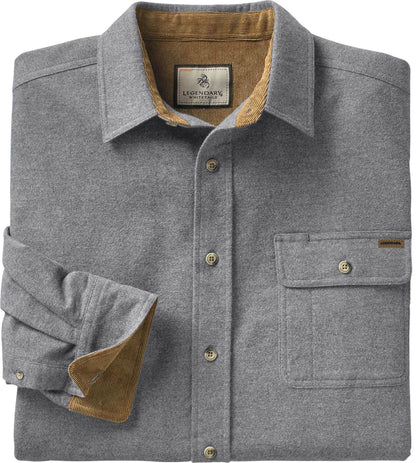 Legendary Whitetails Men's Standard Buck Camp Flannel, Long Sleeve Plaid Button Down Casual Shirt, Corduroy Cuffs, Charcoal Heather, Large