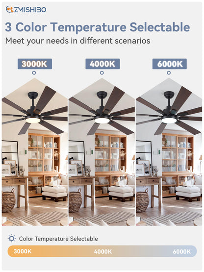 ZMISHIBO 72 inch Large Ceiling Fans with Lights and Remote, Indoor/Outdoor Black Modern Ceiling Fan for Kitchen Living Room Patio, 6 Speed Reversible Quiet DC Motor, 3 CCT, Dual Finish 8 Blades