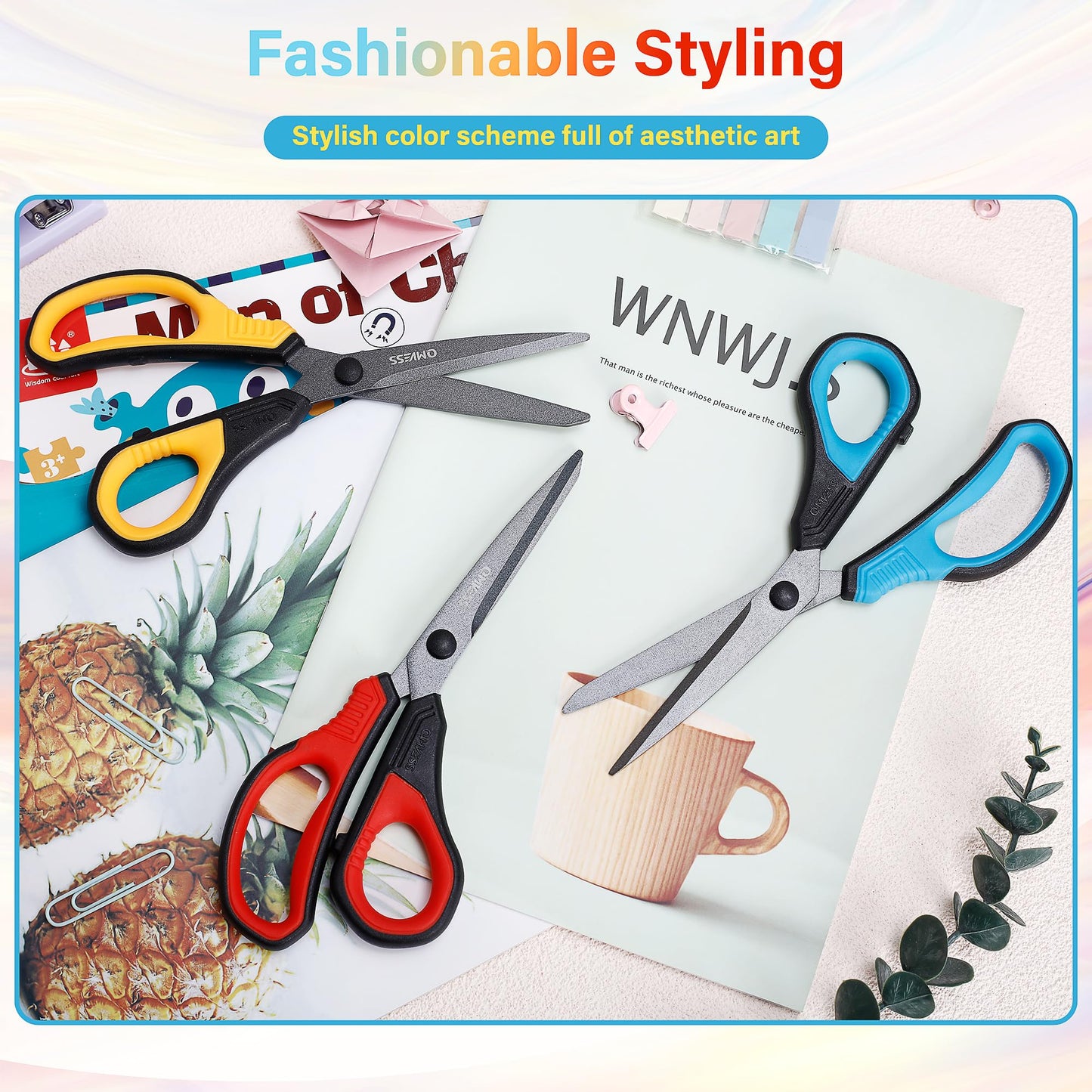 QMVESS 8.5" Scissors All Purpose 3 Pack, Titanium Non-Stick Multipurpose Shears, Professional Ergonomic Comfort Grip Scissors for Office School Home Sewing Fabric DIY Craft Cutting General Use