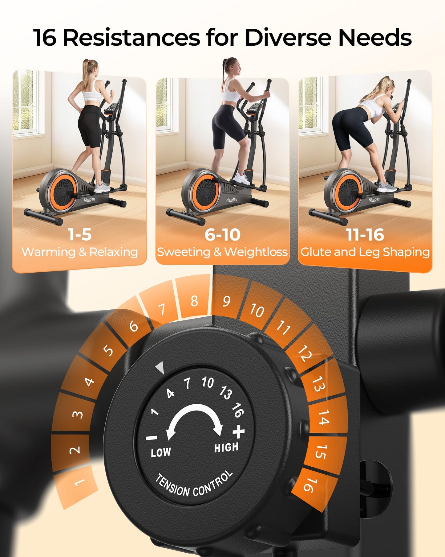 Niceday Elliptical Machine, Cross Trainer with Hyper-Quiet Magnetic Driving System, 16 Resistance Levels, 400LB Weight Limit