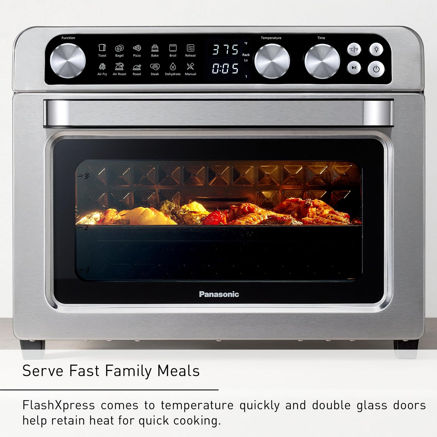 Panasonic Air Fryer Toaster Oven Combo with 11 Preset Cooking Functions, FlashXpress with Double Infrared Heating, Temperature Control Dial, PFAS Free, 1800W - NB-G211P