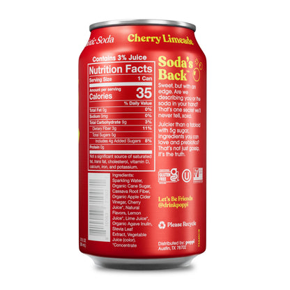 Poppi Sparkling Prebiotic Soda Beverage with Apple Cider Vinegar, Seltzer Water and Fruit Juice, Cherry Limeade Flavor, 12 Fl Oz, Pack of 12, Packaging May Vary