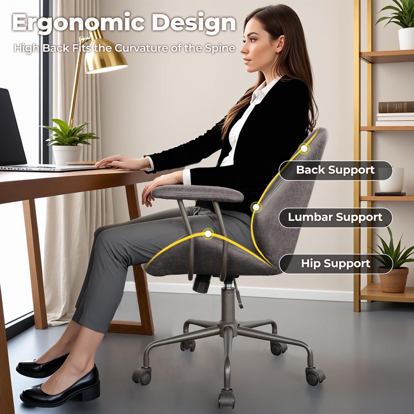 ovios Ergonomic Office Chair, Mid Back Faux Leather Executive Chairs with Armrests, Comfy Mid-Century Modern Swivel Rolling Computer Armchair (Dark Grey, Suede Leather)