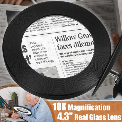 Veemagni 10X Magnifying Glass with Light and Stand, 2-in-1 LED Magnifying Desk Lamp with Clamp & Lens Cover, 3 Color Modes Stepless Dimmable Hands Free Lighted Magnifier for Crafts Reading Painting