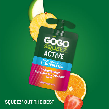 GoGo squeeZ Active Fruit Blend with Electrolytes | 18-Count Variety Pack | Blueberry Strawberry Lemon & Strawberry Pineapple Orange | Made with Real Fruit and Antioxidants Vitamin A, Vitamin E, & Vitamin C