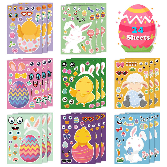 OHOME Easter Basket Stuffers for Kids - DIY Happy Egg Bunny Sticker Crafts Stickers,Kids Easter Gifts Decor Treats Games Toys Activities Party Favor Supplies(24 Sheets)