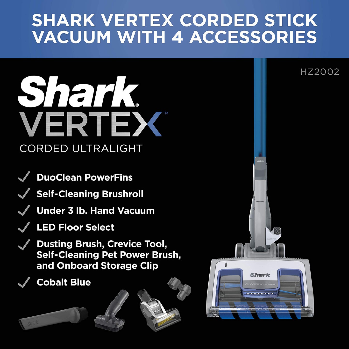 Shark | Corded Stick Vacuum Cleaner | Vertex Ultralight | Removable Handheld Vacuum | Pet Hair Vacuum for Carpet and Hard Floor | Powerful Suction | No Hair Wrap | 3 Attachments Included | HZ2002