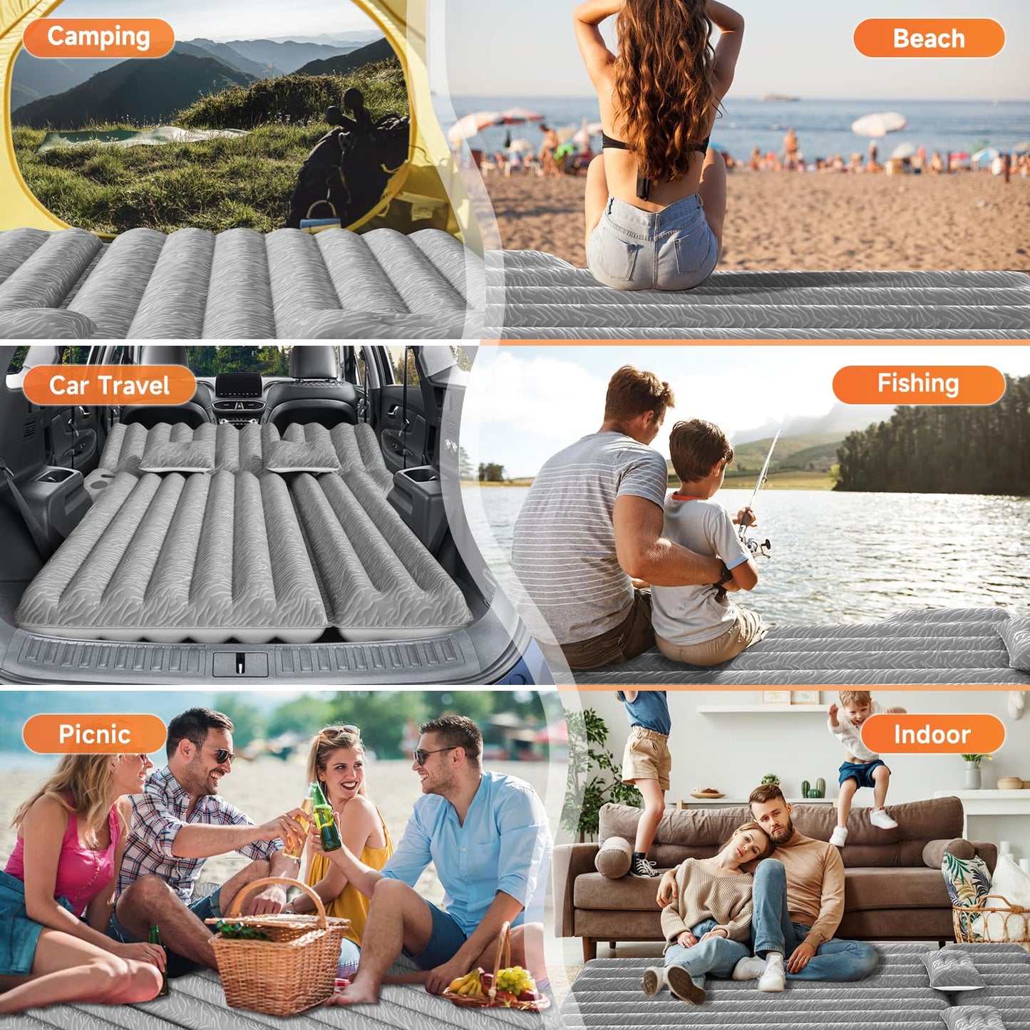 Uncle elk SUV Air Mattress: Inflatable Car Air Mattress for Camping, Flocking Car Bed with Air Pump & 2 Pillows, Portable Sleeping Pad Mattress for Home Car Travel Camping Grey