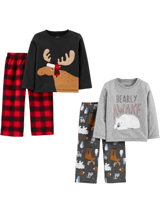 Simple Joys by Carter's Boys' 4-Piece Pajama Set (Cotton Top & Fleece Bottom), Black Reindeer/Dark Grey Forest Animals/Grey Polar Bear/Buffalo Plaid, 4T