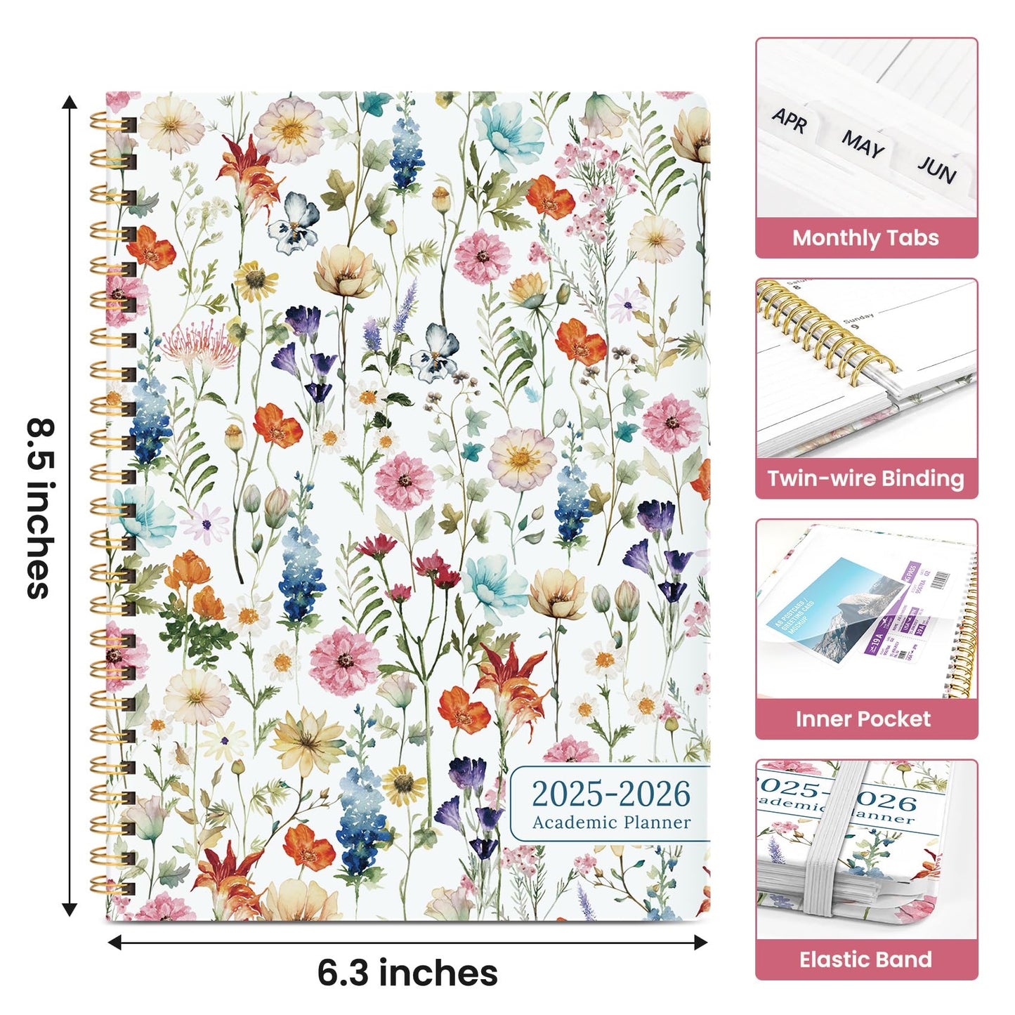 Planner 2025-2026, Academic Year Monthly and Weekly Calendar Planner, Jul 2025 - Jun 2026, Hardcover Teacher Student Planning Agenda book with Tabs, Perfect for School Office Supplies , 6.3" x 8.5" - Wildflower