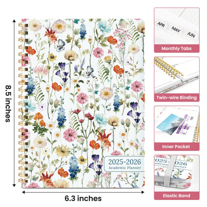 Planner 2025-2026, Academic Year Monthly and Weekly Calendar Planner, Jul 2025 - Jun 2026, Hardcover Teacher Student Planning Agenda book with Tabs, Perfect for School Office Supplies , 6.3" x 8.5" - Wildflower