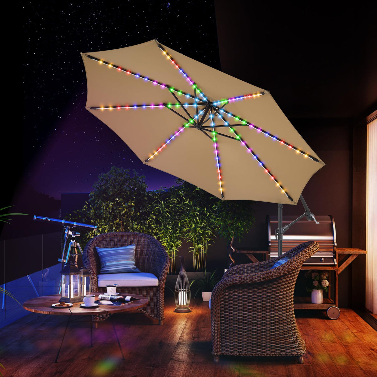 PEAKVONDER 10 ft Offset Patio Umbrella with Solar Lights, Large Cantilever Outdoor Umbrellas for Patio, Dual Charging, 200+ Light Modes, Heavy Duty, for Pool, Deck, Market, Tan HPU032TV1