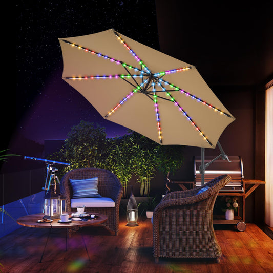 PEAKVONDER 10 ft Offset Patio Umbrella with Solar Lights, Large Cantilever Outdoor Umbrellas for Patio, Dual Charging, 200+ Light Modes, Heavy Duty, for Pool, Deck, Market, Tan HPU032TV1