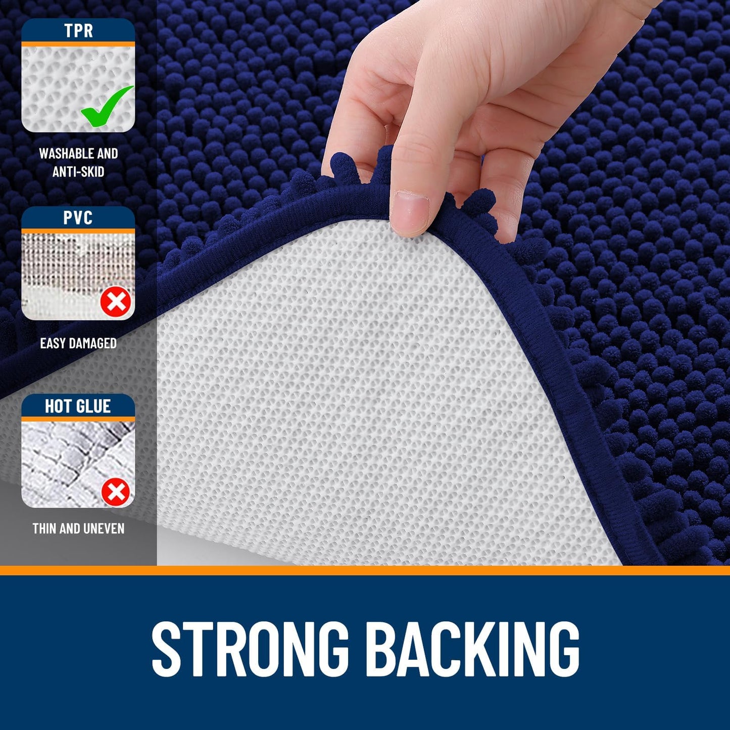 OLANLY Toilet Rugs U-Shaped 24x24, Extra Soft Absorbent Chenille Contour Bathroom Rugs for Toilet, Dry Quickly, Machine Washable, Non-Slip Toilet Bath Mat, Navy