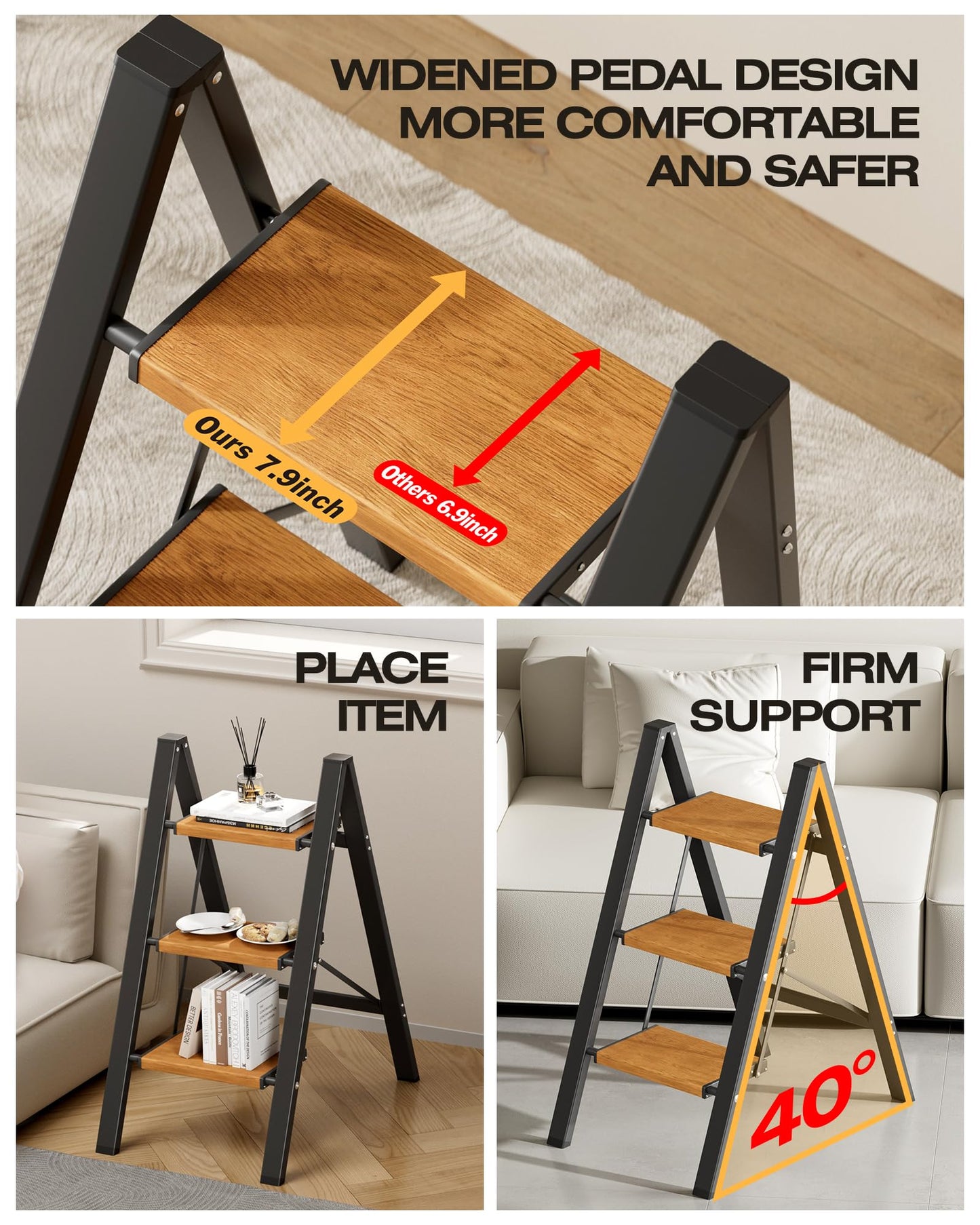 Taranta 3 Step Ladder,Aluminum Lightweight Folding 3 Step Stool with Anti-Slip Wide Pedal, 330lbs Capacity Step Ladder for Household,Kitchen,Office - BlackWoodgrain