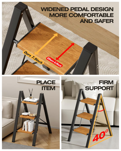 Taranta 3 Step Ladder,Aluminum Lightweight Folding 3 Step Stool with Anti-Slip Wide Pedal, 330lbs Capacity Step Ladder for Household,Kitchen,Office - BlackWoodgrain