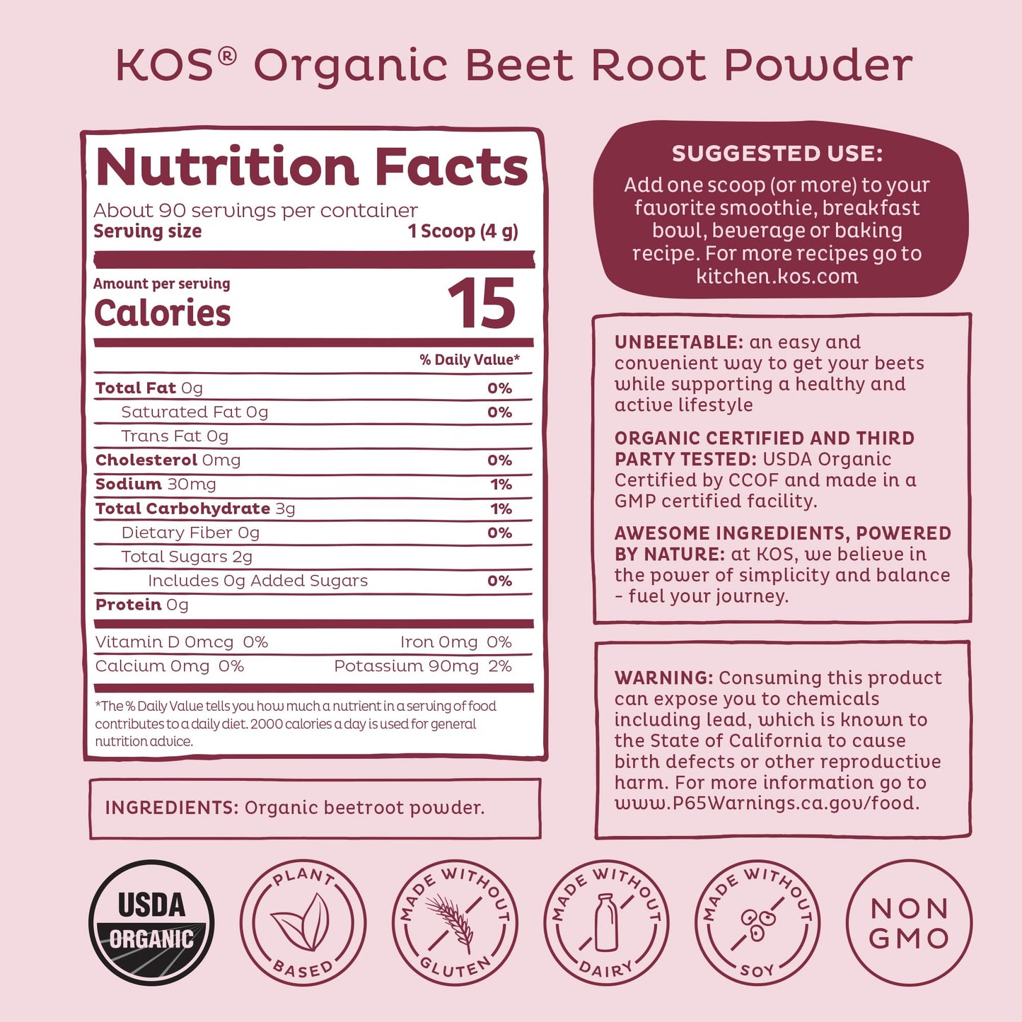 KOS Organic Beet Root Powder, USDA Organic - Natural Nitric Oxide Booster, Superfood Plant Based Beetroot Antioxidant, Supports Active Lifestyle & Healthy Circulation, Soy & Gluten-Free - 90 Servings