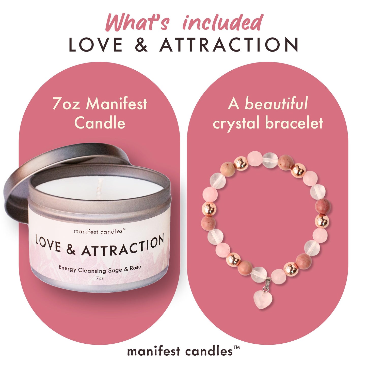Manifest Candles Love Candle to Attract Love, 45 Hour Burn, Sage & Rose Candle, Romantic Candles, Spiritual Meditation Candles with Manifestation Crystals Bracelets for Women