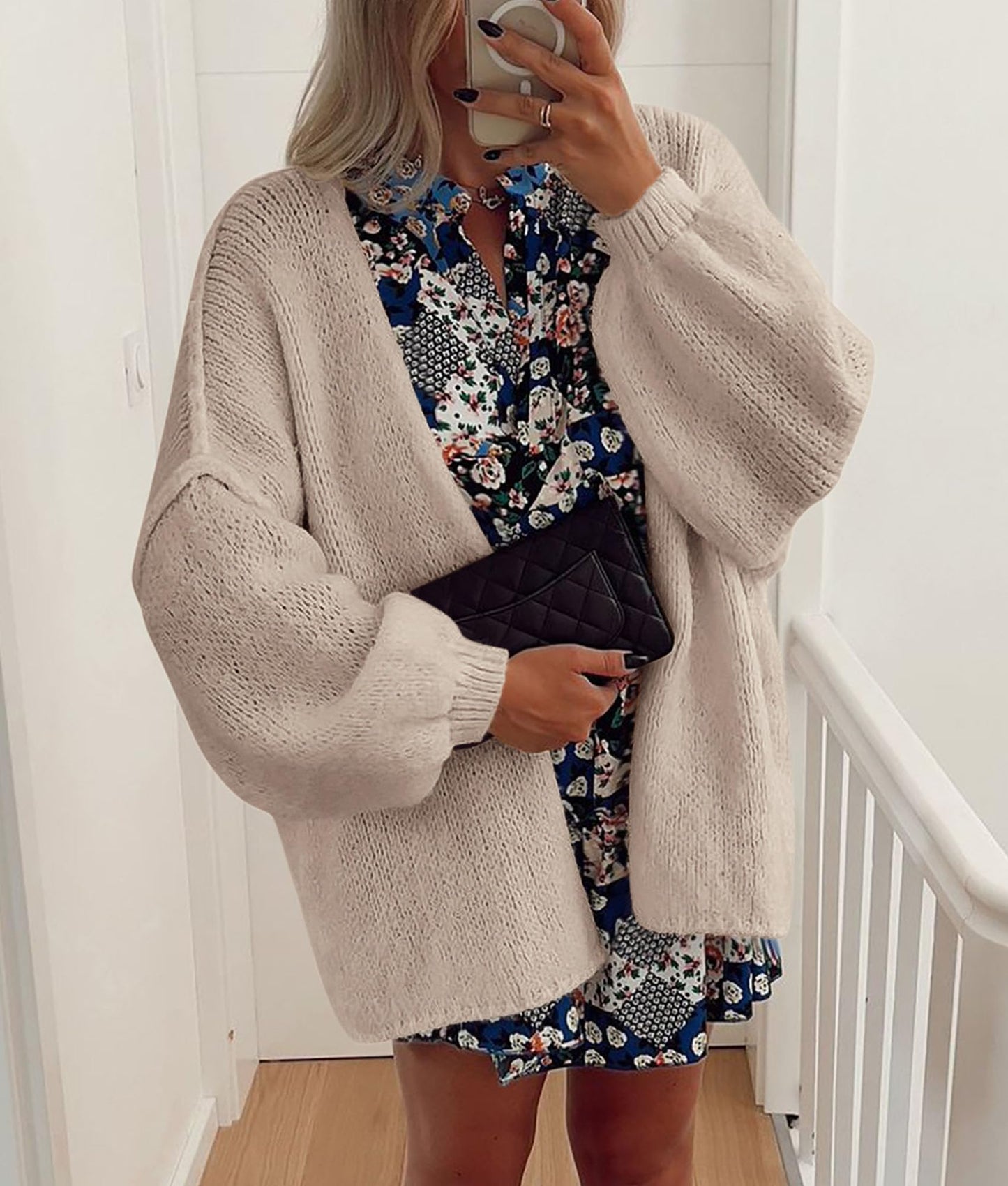 PRETTYGARDEN Womens Oversized Cardigan Sweaters 2025 Fall Long Lantern Sleeve Knit Open Front Lightweight Sweater (Grey Beige,Small)