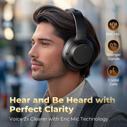 Active Noise Cancelling Headphones, Upgraded Wireless Bluetooth Headphones Over Ear with ENC Mic, HiFi Stereo Deep Bass, Noise Canceling Headphones Lightweight, BT 5.4, for Travel/Office/Home, Black