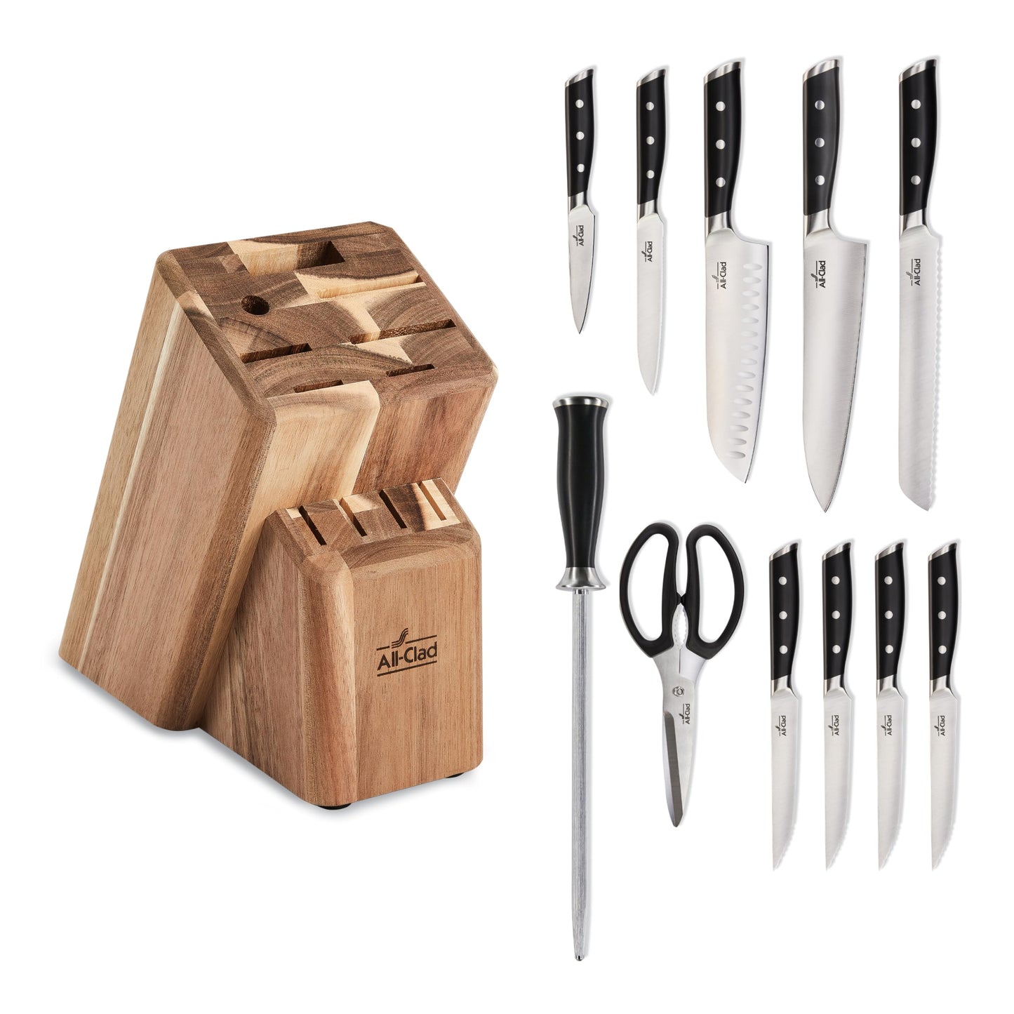 All-Clad Forged German Stainless Steel Knife Set and Acacia Wood Block 12 Piece, Fully Forged, Expert Precision, Knife Set, Cookware Knife Block Set, Kitchen Knives, Ultra Sharp, Kitchen Utensils